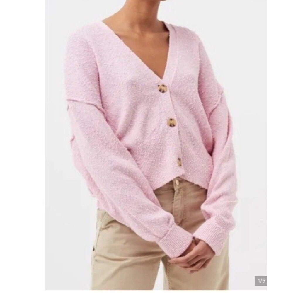 FREE PEOPLE Womenโs Cardigan Pink Oversized Vneck Knit Boho Size M
